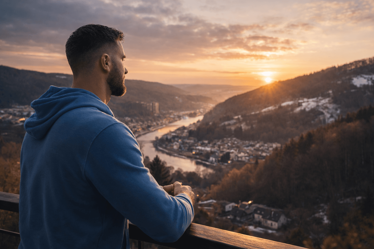 Sebastian blickt beim Sonnenuntergang ins Tal